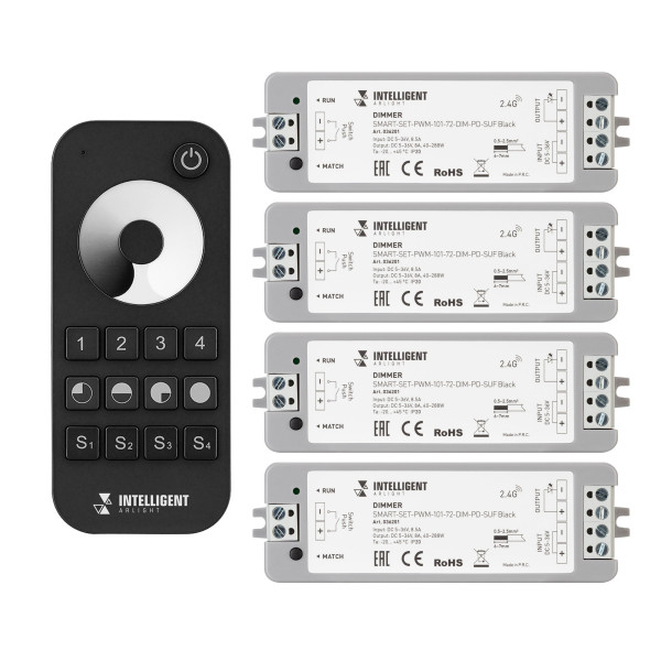 INTELLIGENT ARLIGHT Диммер SMART-SET-PWM-101-72-DIM-PD-SUF Black (5-36V, 1x8A, x4, ПДУ 13кн, 2.4G) 036201
