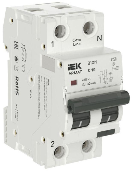 ARMAT Автоматический выключатель дифференциального тока B10N 1P+NP C10 30мА тип A (36мм) IEK AR-B10N-1N-C010A030