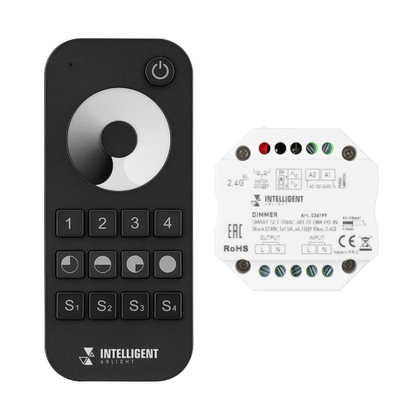 INTELLIGENT ARLIGHT Диммер SMART-SET-TRIAC-601-72-DIM-PD-IN Black (230V, 1x1.5A, x4, ПДУ 10кн, 2.4G) 036199