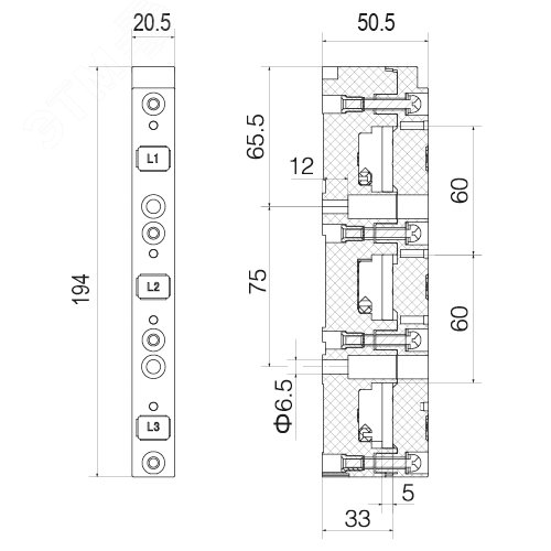 Держатель шин 12,15,20,25,30x5 3пол 60мм R5BBH060053P